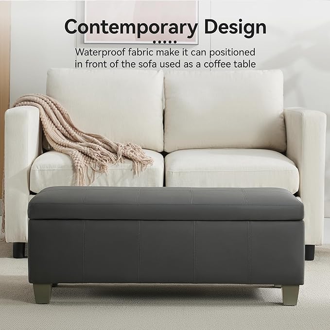 41" Faux Leather Storage Ottoman, Stitch Tufted Rectangle Upholstered End of Bed Storage Bench, Entryway Large Couch Ottoman with Wooden Legs,Dark Grey