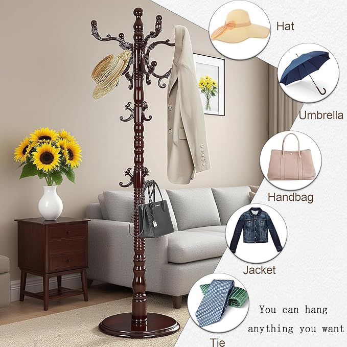 73”Vintage Wooden Coat Rack Freestanding,With 14 Hooks and Sturdy Round Base.Sturdy and Durable Standing Coat Racks，Adjustable Wooden Freestanding Coat Rack for Offices, Bedrooms (Mahogany)