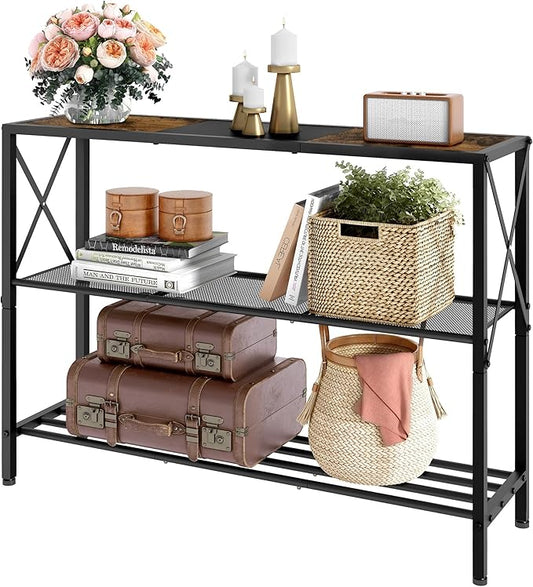 Hoctieon Industrial Console Table, 3 Tier Entryway Table, Hallway Table, Narrow Sofa Table with Shelves, Entrance Table for Entryway, Rustic Brown&Black