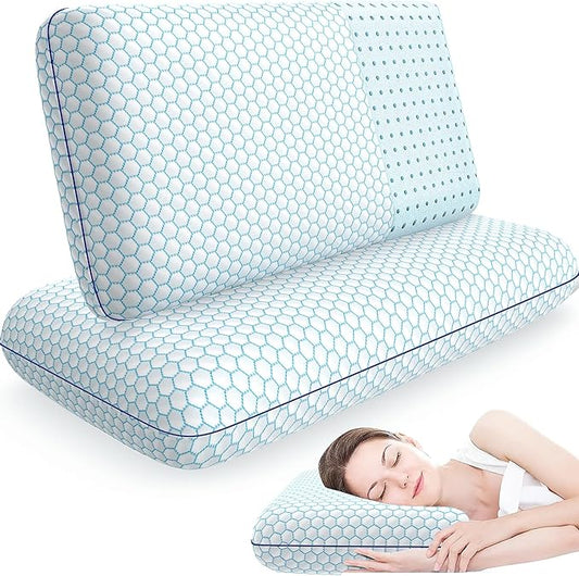 Memory Foam Pillows for Side, Back and Stomach Sleepers, Set of 2, Bed Pillow with Washable Cover and Breathable Mesh, Bed Pillow for Sleeping (Blue，Queen Size)