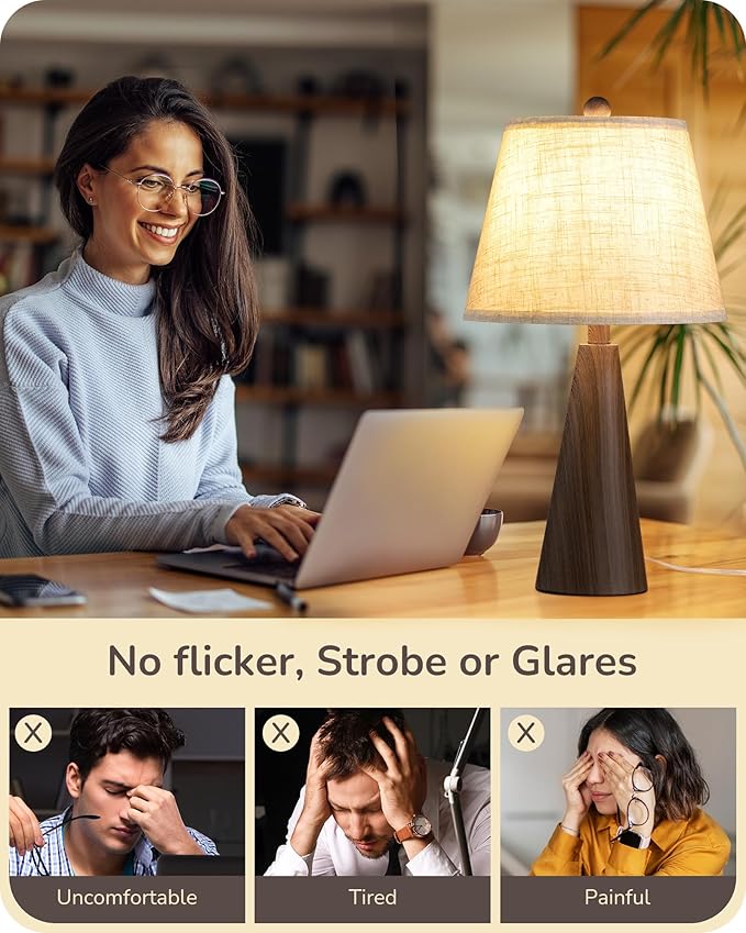 EDISHINE 21.85" Farmhouse Table Lamp, Rustic Bedside Lamp, Water Transfer Walnut Wood Grain Metal Base, Beige Linen Shade, Minimalist Nightstand Light for Living Room, Bedroom, Office, E26 Base