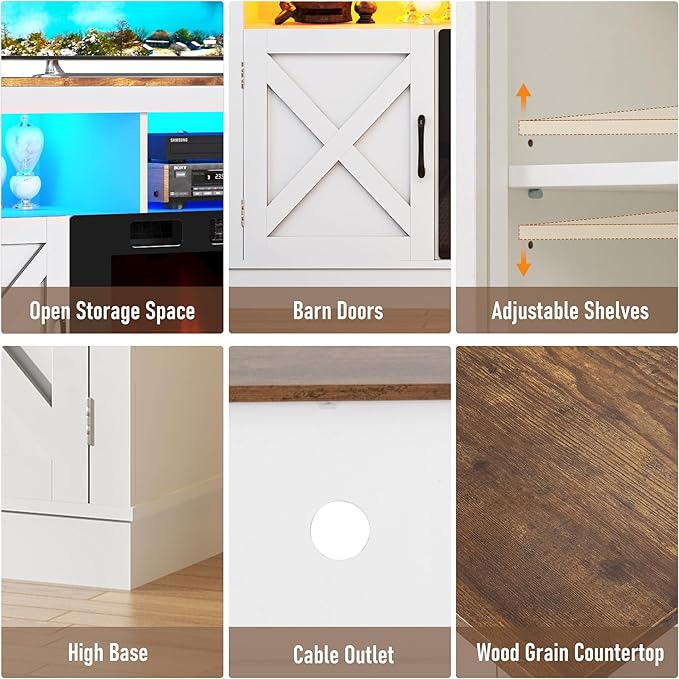 Farmhouse TV Stand with 36" Fireplace for 80" TV, 70" Entertainment Center with Barn Doors and LED Light, Tall Fireplace TV Stands for Living Room,White