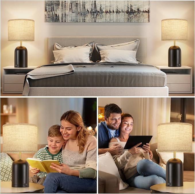 Bedside Lamps with USB C+A Charging Ports, Table Lamp Touch Control 3-Way Dimmable Modern Lamp for Bedroom Lamps for Night Stands with Fabric Shade for Living Room Office Dorm (LED Bulbs Included)