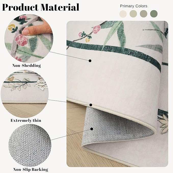 4x6 Rug Chinoiserie-Style Floral Vintage Washable Area Rugs Non Slip Low Pile Small Carpet for Bedroom, Bedside, Kids Room, Office, Dining Room, Beige