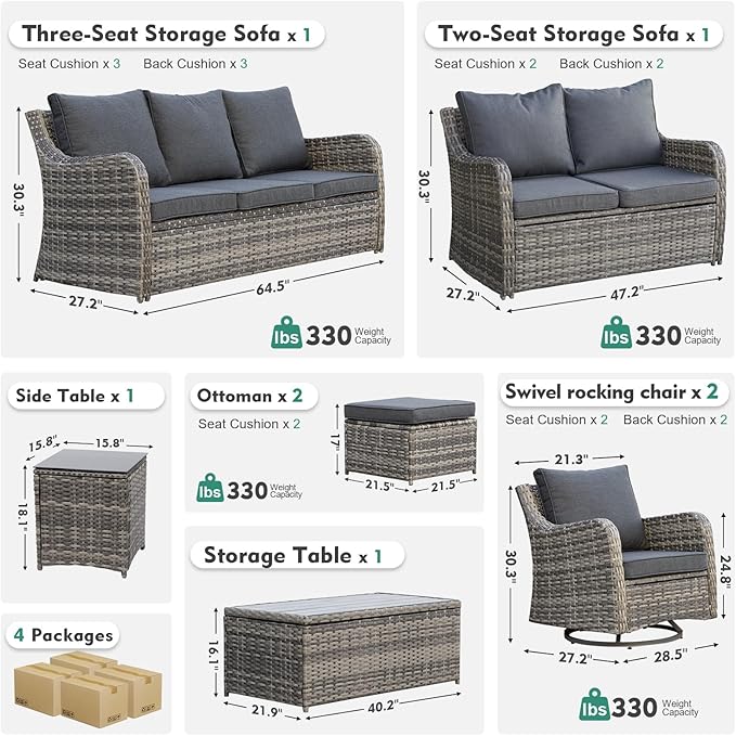 Patio Furniture Set with Swivel Rocking Chairs, 8 Pieces Patio Conversation Set, Outdoor Wicker Sofa Couch with Waterproof Cushions for Lawn Backyard Porch (Grey)