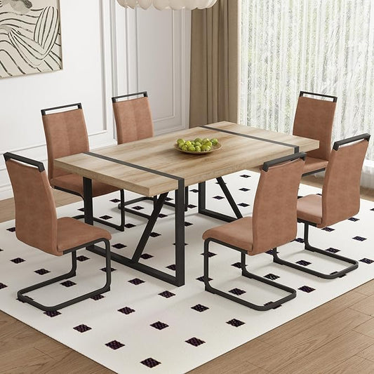 Dining Table Chairs Set for 6, Modern Rectangular Dining Room Table Set PU Leather Upholstered Dining Chairs 71" Dinner Table Set for Kitchen, Dining Room (71 Inch Brown Table+6 Chairs)