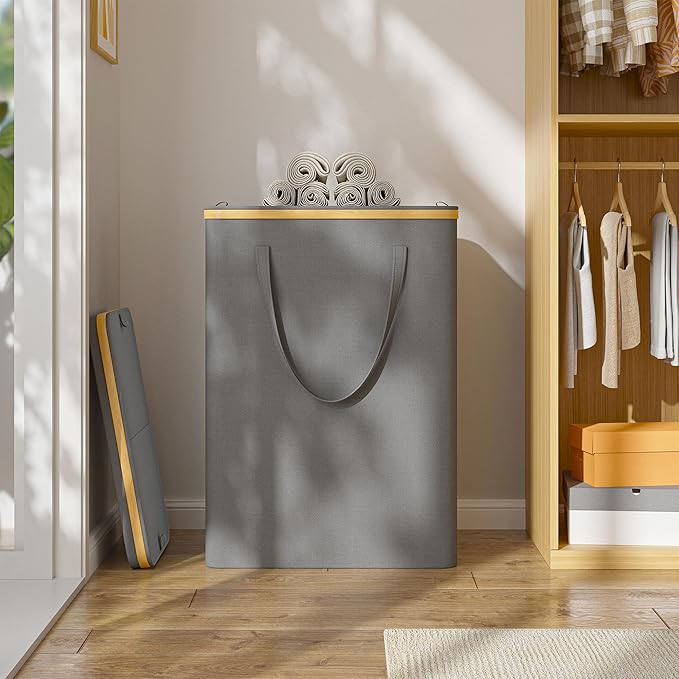160L Double Laundry Hamper with Lid 2 Section, Large Bamboo Laundry Basket with 2 Removable Bags, Clothes Hampers for Laundry for Bedroom, Bathroom, Dorm, Laundry Room, Grey