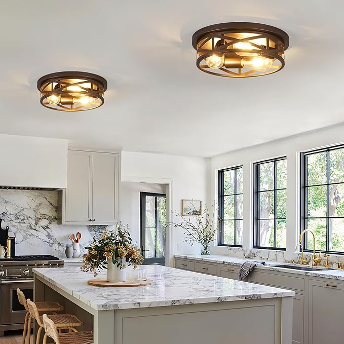 13 inch Flush Mount Ceiling Light Fixtures,3-Light Modern Hallway Light Fixtures Ceiling, Brown Lights Fixture Ceiling Mount for Farmhouse,Kitchen, Bedroom 2 Pack