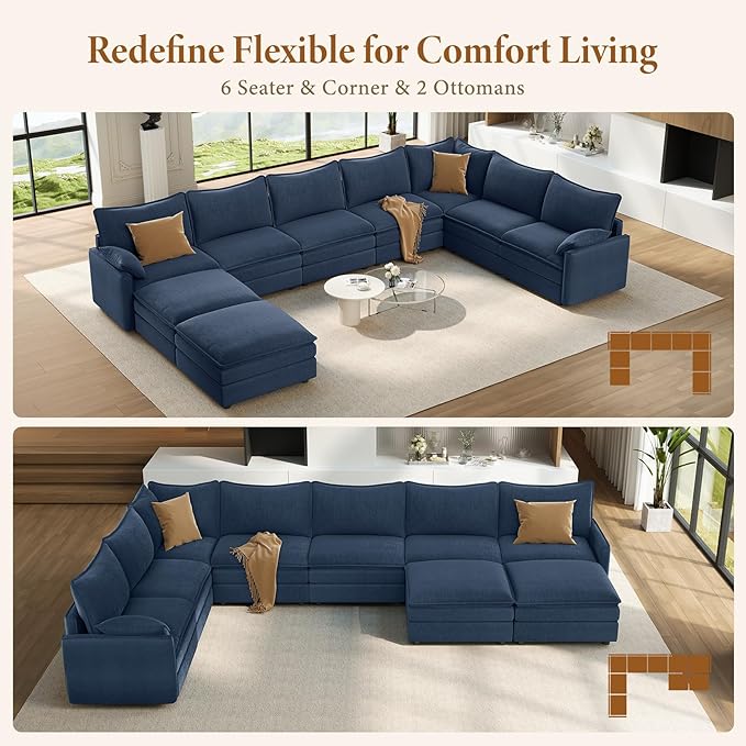Vesgantti Large Modular Sectional Sofa, Big Comfy Cloud Couch with Ottoman Deep Seat Chenille Cloud Sofa, 9 Seater Large Sectional Couches for Living Room, Bedroom and Apartment, Blue