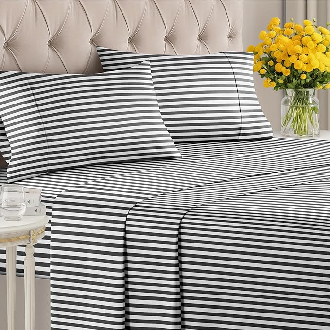 Striped Sheets - Black & White Striped Sheets - 1 Flat & 1 Fitted & 2 Pillowcases w/ Deep Pockets – Wrinkle & Fade Free - Soft, Breathable and Cooling – Luxury Pinstripe Bedding - King Size Bed Set