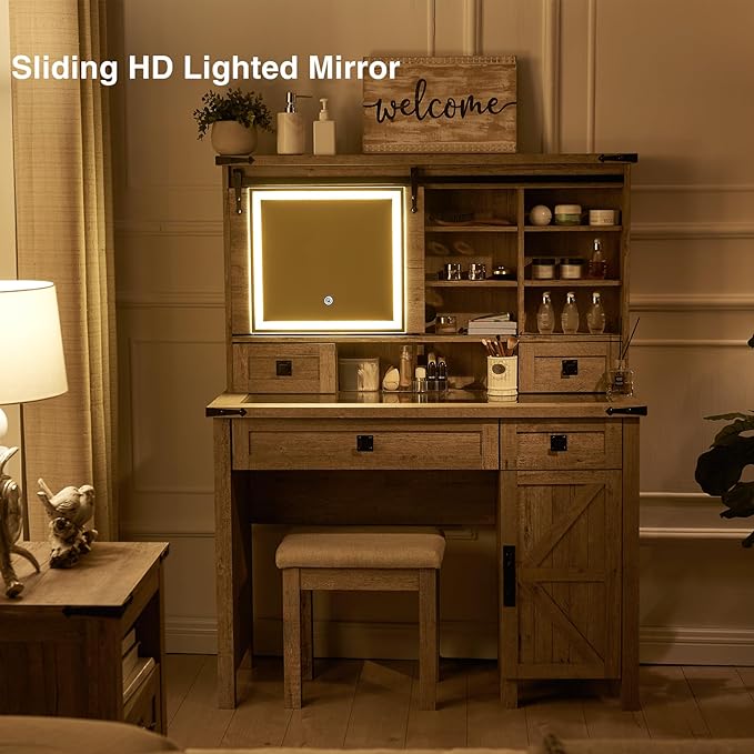 T4TREAM Farmhouse Makeup Vanity Desk with Sliding Mirror and Lights, 42'' Glass Tabletop Vanity Table with 2 Drawers & Shelves, Rustic Big Vanity Set for Bedroom, Light Rustic Oak