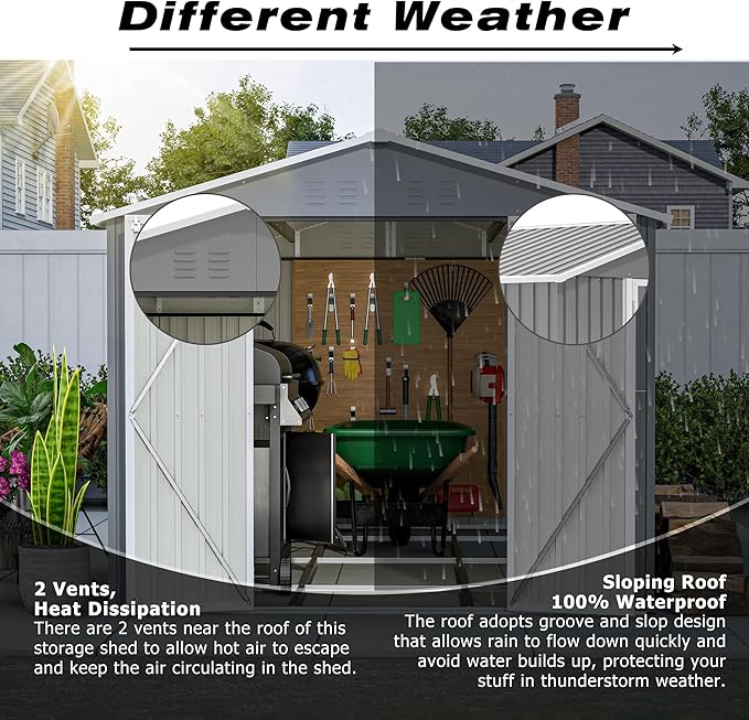 8x12 Ft Large Metal Outdoor Storage Shed with Floor Frame & Lock, Durable Waterproof & Windproof Tool Shed for Garden, Backyard, Patio