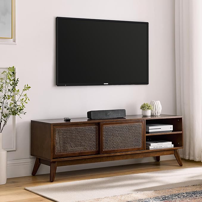 59 inch Mid Century Modern TV Stand with Rattan Cabinet Doors, Boho Entertainment Center for 55/60/65 inch TVS, Media Console for Living Room/Bedroom, Dark Walnut