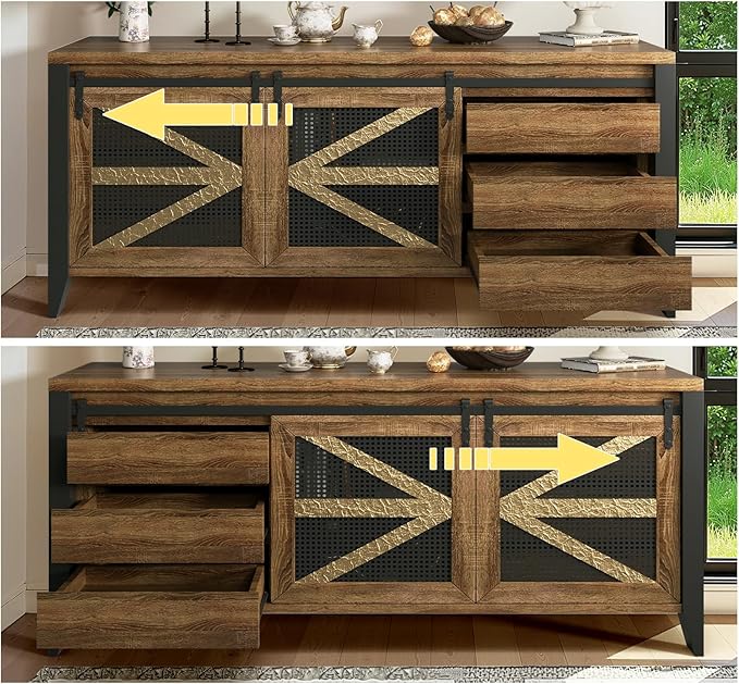 VFK 70 Inch TV Stand for TVs up to 70", Rustic Farmhouse Media Console with Sliding Barn Doors, 6 Drawers, Entertainment Center for Living Room