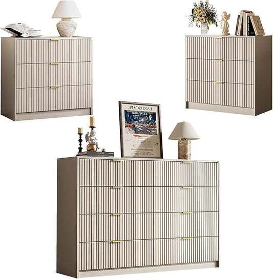 3-Piece Dresser Bedroom Set, 8 Drawer Dresser & 3 Drawer Nightstands with Gold Handles, Fluted Wood Chest of Drawers for Bedroom, Living Room, Entryway, Beige