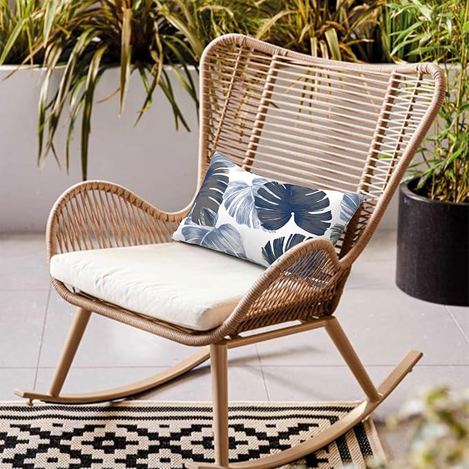 LVTXIII Set of 2 Patio Lumbar Pillows, 12”x20” Fade Resistant Outdoor Lumbar Pillow with Inners, Fluffy Decorative Garden Lumbar Cushions for Home Patio Coach Sofa Use, Monstera Blue