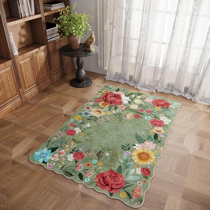 Washable Floral Rugs, 4’x6' Green Area Rugs for Living Room Dining Room, Non Slip Lightweight Low-Pile Stain Resistant Boho Vintage Throw Carpet for ‎Office Entryway