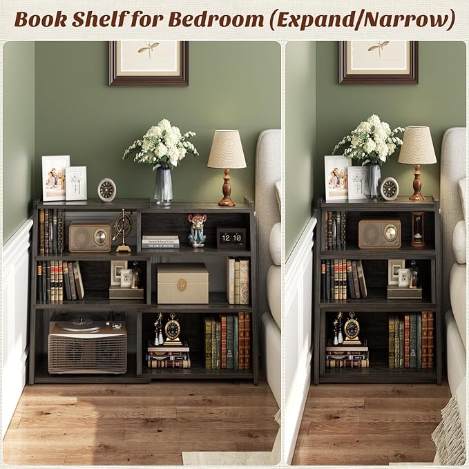 Armocity Book Shelf - Small Expandable Ladder Shelf, Short Corner Bookshelf for Small Spaces, 4 Tier Wood Narrow Bookcase, for Living Room, Bedroom, Entryway, Grey Oak
