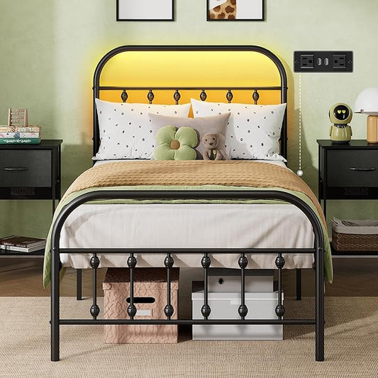 WLIVE Twin Bed Frames with Storage, Twin Bed Frame with LED Lights and Charging Station, Metal Platform Bed Frame with Headboard, Black