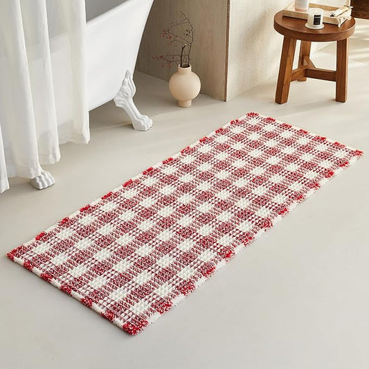 Waffle Runner Rug Bathroom, Long Boho Bathroom Rugs Non Slip Washable Absorbent Checkered Bathroom Mat Quick Dry Cute Bath Mat, 60"x24" Red and White