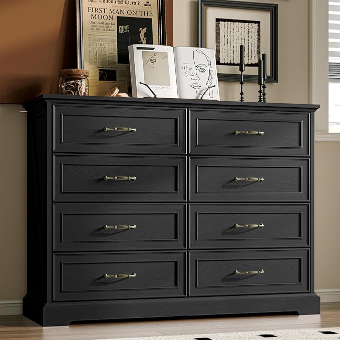 Farmhouse 8 Drawers Dresser for Bedroom, 48" Wide Modern Chest of Drawers with Deep Drawers & Bar Handles, Rustic Wood Dresser TV Stand, Wooden Closet Storage Organizer for Living Room, Hallway, Black