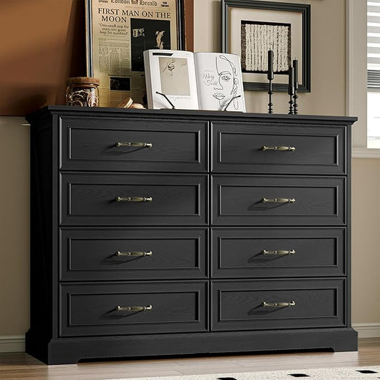 Farmhouse 8 Drawers Dresser for Bedroom, 48" Wide Modern Chest of Drawers with Deep Drawers & Bar Handles, Rustic Wood Dresser TV Stand, Wooden Closet Storage Organizer for Living Room, Hallway, Black