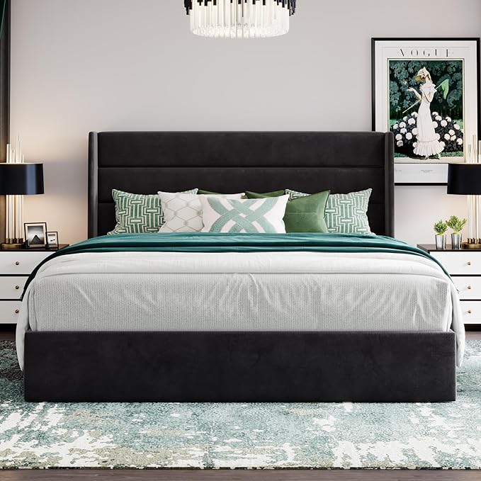 SHA CERLIN King Size Lift Up Storage Bed/Velvet Upholstered/Modern Wingback Headboard/Upholstered Platform Bed Frame/Hydraulic Storage/No Box Spring Needed/Black