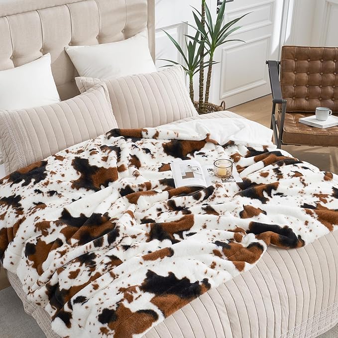 Cozy Bliss Cow Print Faux Fur Throw Blanket, Animal Printed Blankets Super Soft Warm Thick Fluffy Throws Home Decor for Couch Bed Sofa Women (Black&Brown Cow, 60x80 Inches)