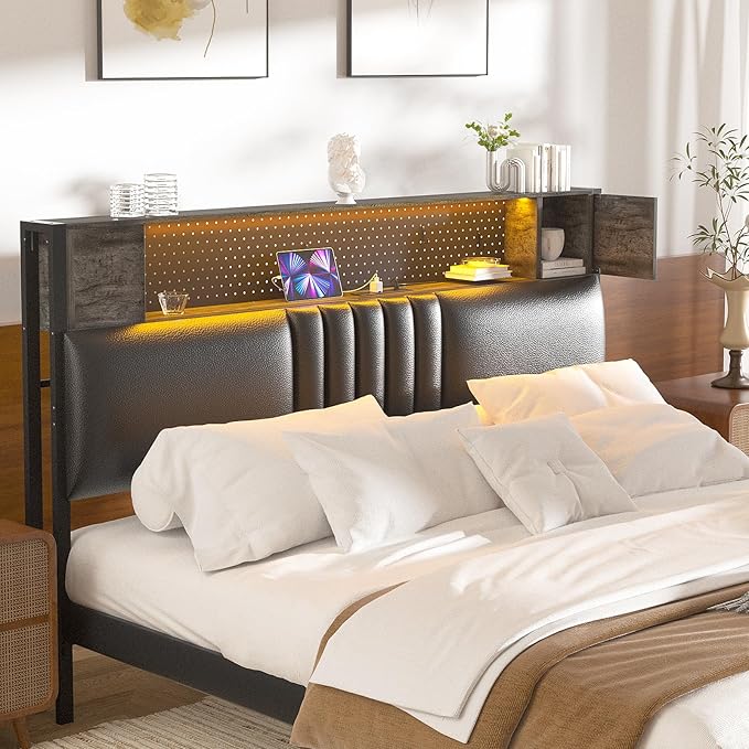 Unikito Headboard for Full Size Bed with Storage and Cabinet, Black Upholstered Headboards with Outlets, USB Ports, and DIY Color of LED Light, Full Head Board Only, Comfortable Headboard,Black Oak