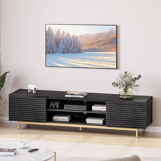 BELLEZE 68" Fluted TV Stand for TV up to 75", Modern Entertainment Center with Storage Cabinet, Slatted Door Decorated Media Console Table, Home Living Room Bedroom Furniture(Ebony)