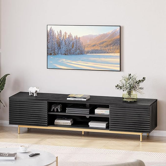 BELLEZE 68" Fluted TV Stand for TV up to 75", Modern Entertainment Center with Storage Cabinet, Slatted Door Decorated Media Console Table, Home Living Room Bedroom Furniture(Ebony)