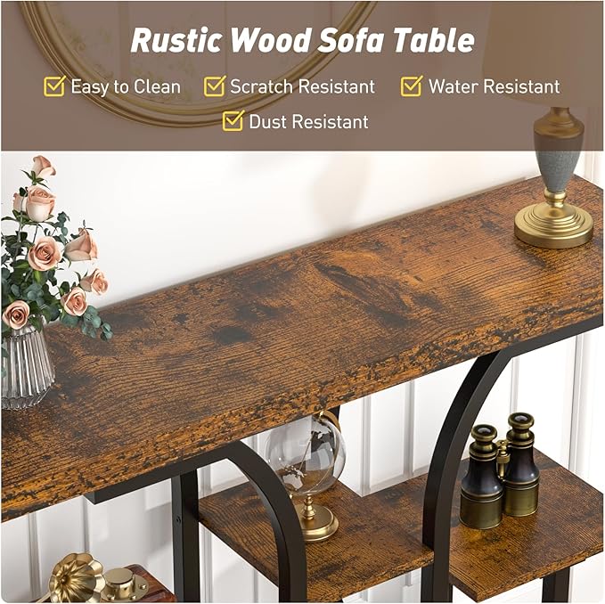 ikkle 42.5" Console Table, Industrial 4-Tier Sofa Table Entryway Table with Curved Base, Narrow Wood Accent Tables with Storage Shelves for Living Room, Hallway, Foyer, Rustic Brown