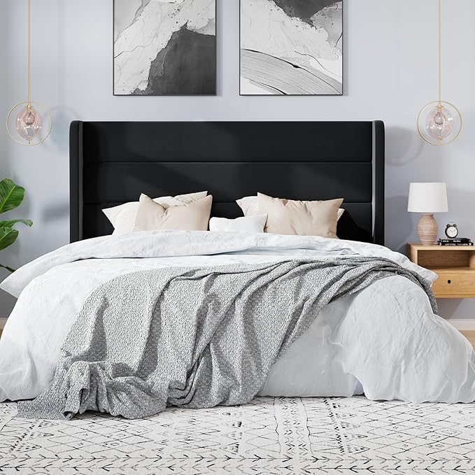 SHA CERLIN Queen Size Velvet Bed Frame/Vertical Channel Tufted Wingback Headboard/Upholstered Platform Bed with Wooden Slats/Mattress Foundation/No Box Spring Needed/Easy Assembly/Black
