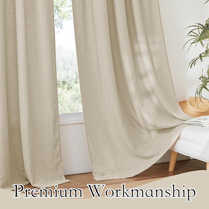 RYB HOME Semi Sheer Curtains 63 inches Long, Half Privacy Linen Textured Living Room Bedroom Curtains, Farmhouse Boho Curtains for Kitchen, Beige, W 52 x L 63 inch Long, 1 Pair