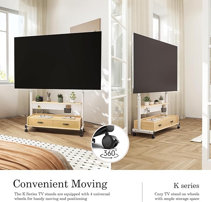 FITUEYES Rolling TV Stand with Drawers for 70 to 100 Large TV Screens，Mobile TV Floor Stand on Wheels with Ample Storage Pegboard & Wooden Shelf, Rolling TV Cart Hold up to 176 lbs, Max VESA 850 x 600