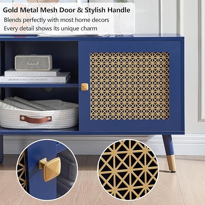 Mid Century Modern Entertainment Center, Blue TV Stand for TVs up to 75", Boho Tv Furnitures with Storage Cabinet and Shelves, Tv Console Media Center with Gold Metal Mesh Doors for Living Room