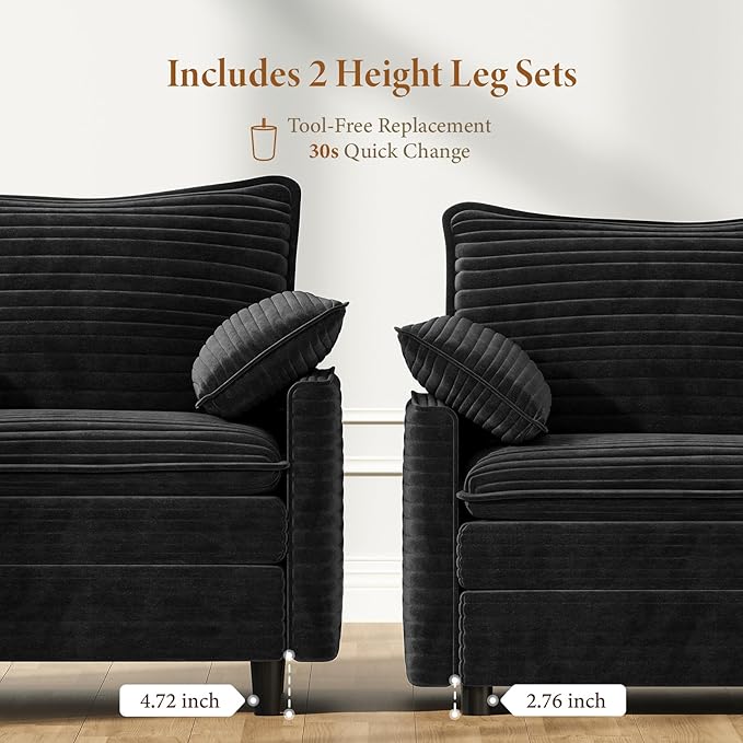 Vesgantti 74" Loveseat Sofa for Living Room, Comfy Cloud Couch Deep Seat Corduroy Modern 2 Seater Small Sofa with Armrest Pillow, Easy Assembly for Small Spaces, Black