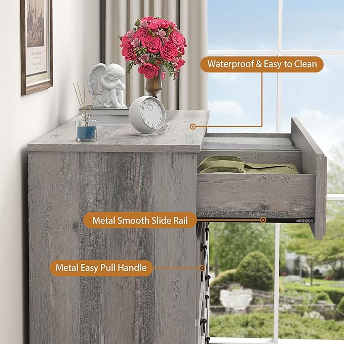 Grey 8 Drawer Dresser for Bedroom, Wood Chest of Drawers, Large Storage for Clothes, Vintage Design, for Living Room, Bedroom, Hallway 47.24W*15.75D* 41.2''H