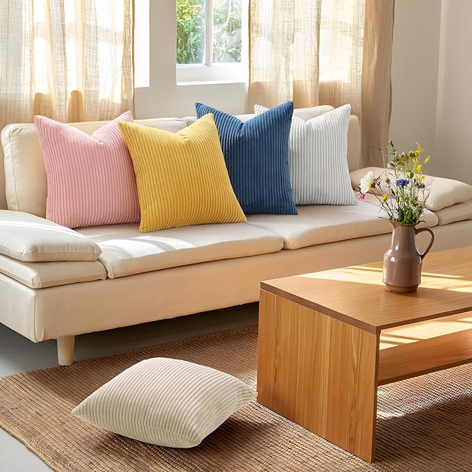 Mecatny Corduroy Decorative Throw Pillow Covers 18x18 Set of 2 for Sofa Living Room, Soft Neutral Boho Couch Pillow Covers for Home Decor, Cream White