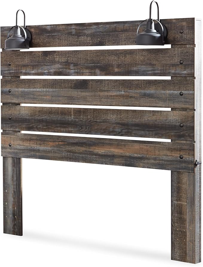 Signature Design by Ashley Drystan Rustic Queen Panel Bed, Sconce LED Lights, USB Ports and Nailheads, Foundation or Box Spring Needed, Dark Brown & Gray
