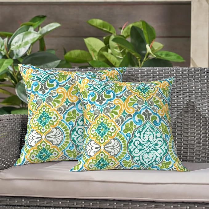 LVTXIII Outdoor Throw Pillow Covers 20 x 20 Inch, Covers ONLY Modern Cute Pattern Decorative Square Toss Pillow Case Pack of 2 for Home Patio Garden Sofa Bed Furniture, Damask Green