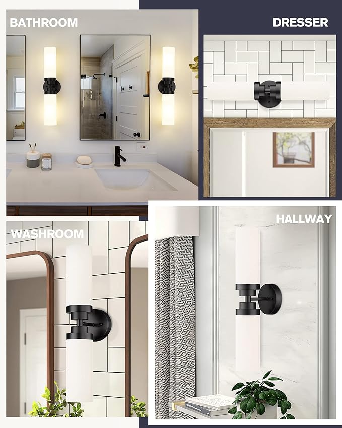 Emak 2 Light Black Vanity Lights for Bathroom, 22 Inch Bathroom Light Fixtures Modern Wall Sconces with Milk Glass Shade for Bathroom, Bedroom, Hallway, VL085-BK-ML-2