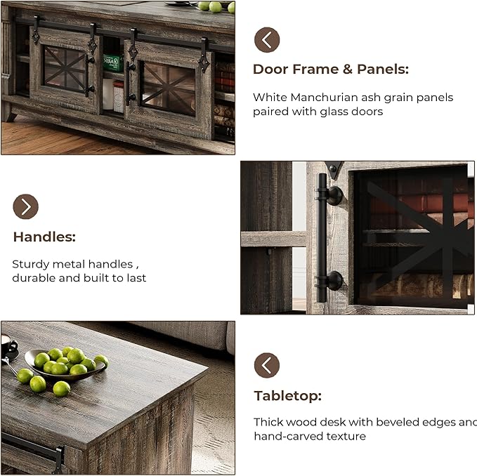 IRONCK 48'' Coffee Table with Sliding Barn Doors, Rustic Center Table with 6 Large Storage Space, Glass Doors and Adjustable Middle Shelf, Farmhouse Coffee Tables for Living Room, Meeting Room