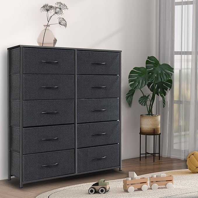 Dresser for Bedroom with 10 Drawers, Chest of Drawers, Storage Drawers Organizer Unit, Black Wide Fabric Dresser with Fabric Bins for Closet, Living Room, Entryway (Black and Charcoal Black)