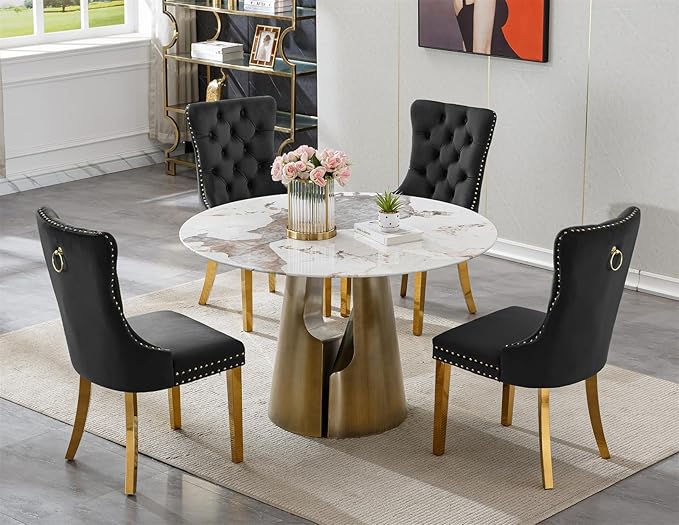 Round Faux Marble Dining Table Set for 4, Modern Luxury Kitchen Table for 4-6, Circle Dining Tables with Pandora Marble Grain Top and Bronze Carbon Steel Pedestal Base (1 Table Only)
