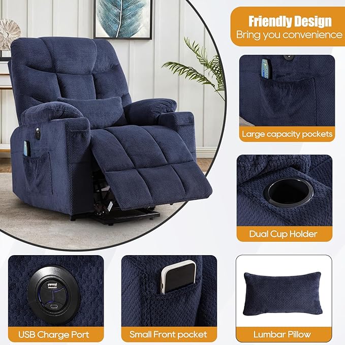 Power Lift Recliner Chair for Elderly, Lift Chair with Heat and Massage, Power Lift Recliners for Living Room with Infinite Position, USB-A＆C, Cup Holder, Side Pocket