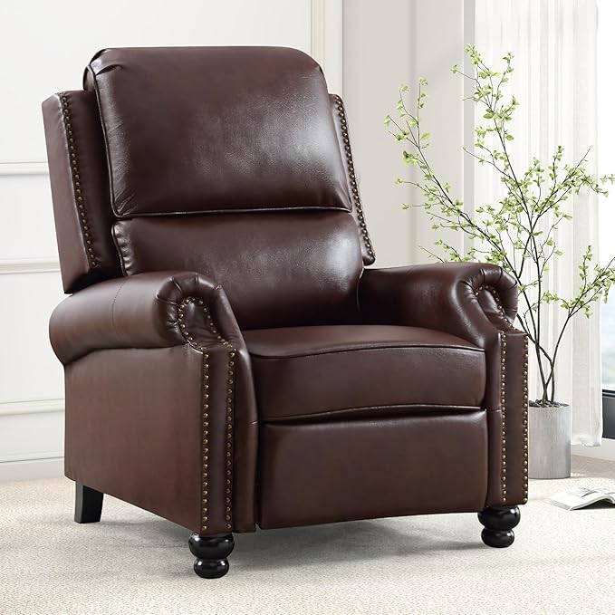 ANJ Push Back Recliner Chair, Textured Leather Overstuffed Wingback Recliner, Adjustable Pushback Chair with Padded Seat and Back, Single Reclining Sofa for Living Room, Bedroom(Dark Brown)