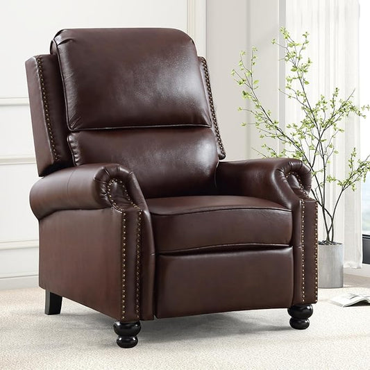 ANJ Push Back Recliner Chair, Textured Leather Overstuffed Wingback Recliner, Adjustable Pushback Chair with Padded Seat and Back, Single Reclining Sofa for Living Room, Bedroom(Dark Brown)