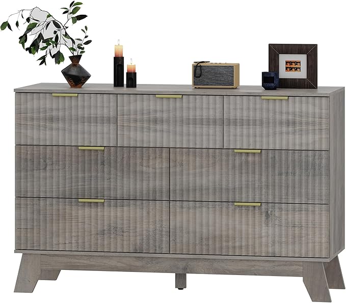 Fluted Dresser for Bedroom with 7 Drawer, Mid Century Modern Chest of Drawers, 48" Wide Natural Wood Dresser for Closet, Wooden Boho Chest Closet Storage TV Stand for Bedroom, Grey