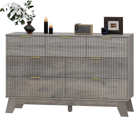 Fluted Dresser for Bedroom with 7 Drawer, Mid Century Modern Chest of Drawers, 48" Wide Natural Wood Dresser for Closet, Wooden Boho Chest Closet Storage TV Stand for Bedroom, Grey